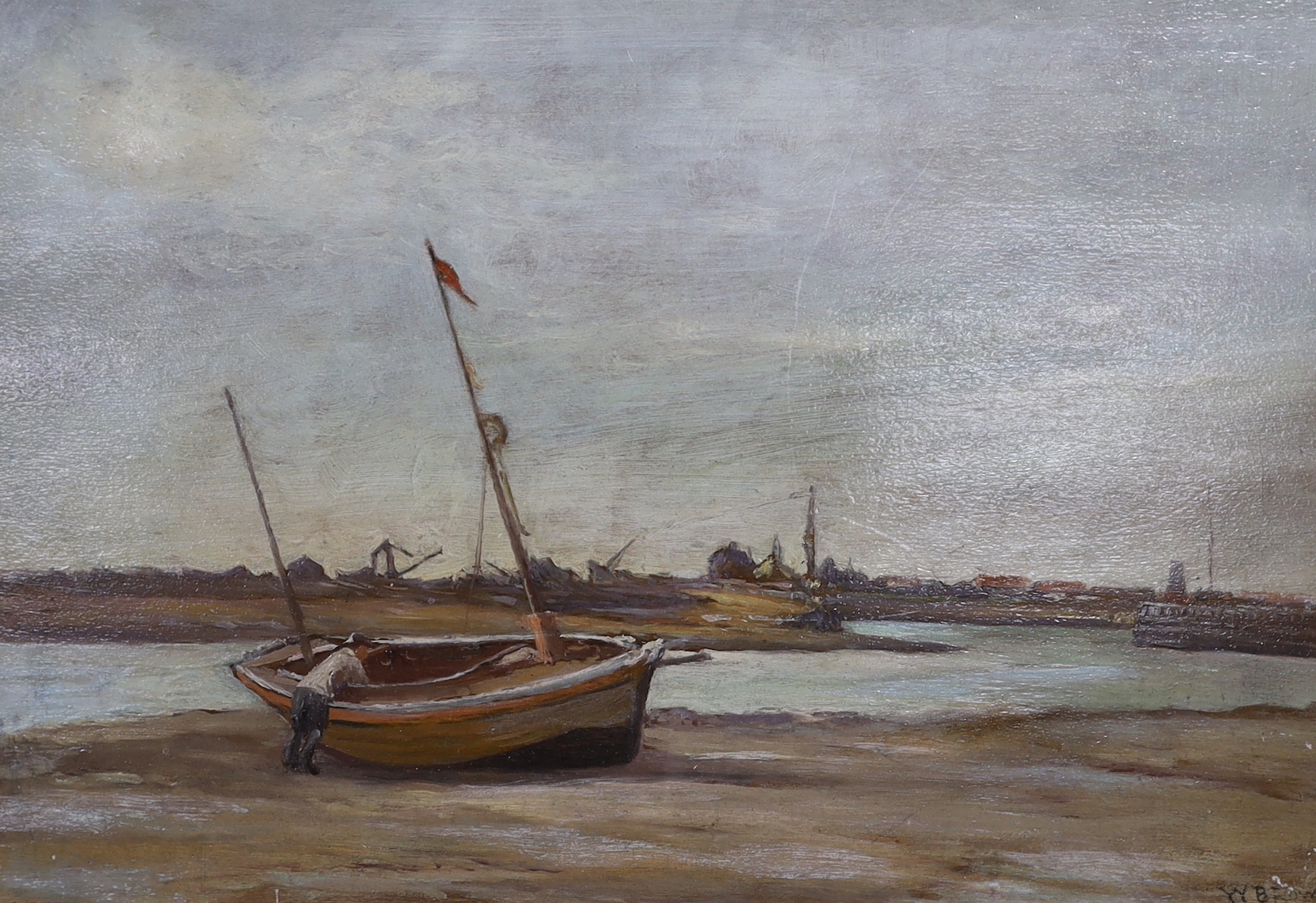 W B Rowe (1910-1955) oil on board, River Adur with beached fishing boats, signed, 24 x 34cm